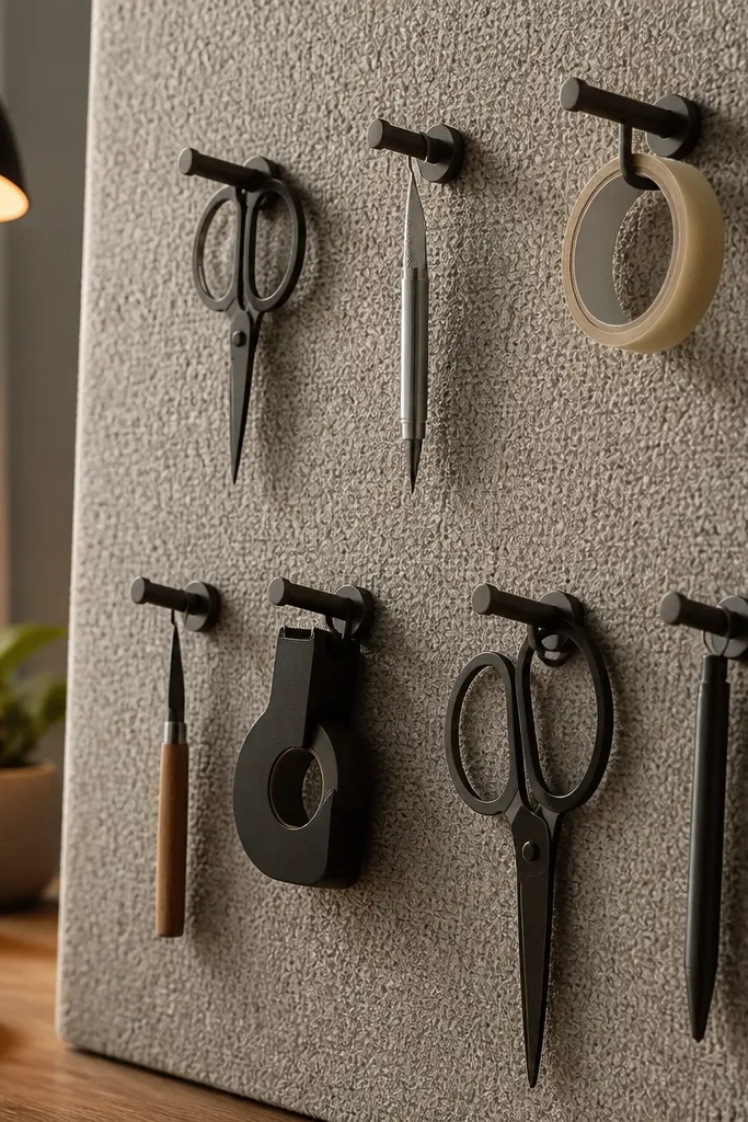 Warm gray fabric covers a pegboard with hooks holding tools.