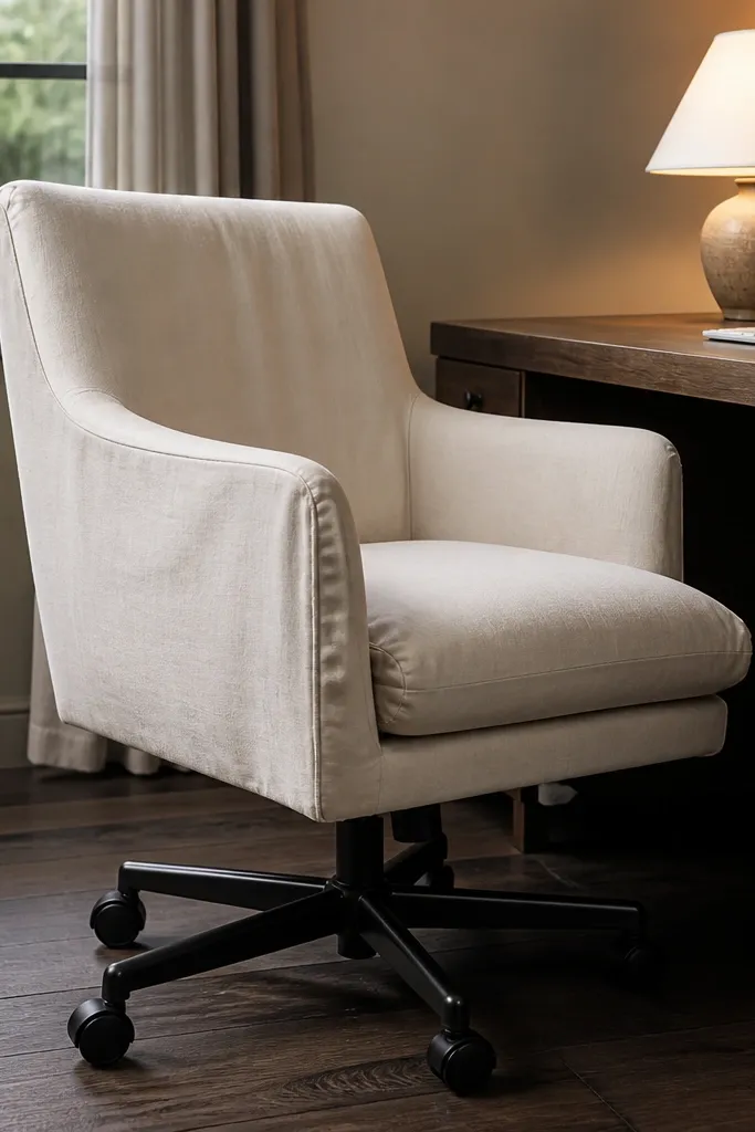 A cream linen-covered rolling chair tucked near a craft desk.