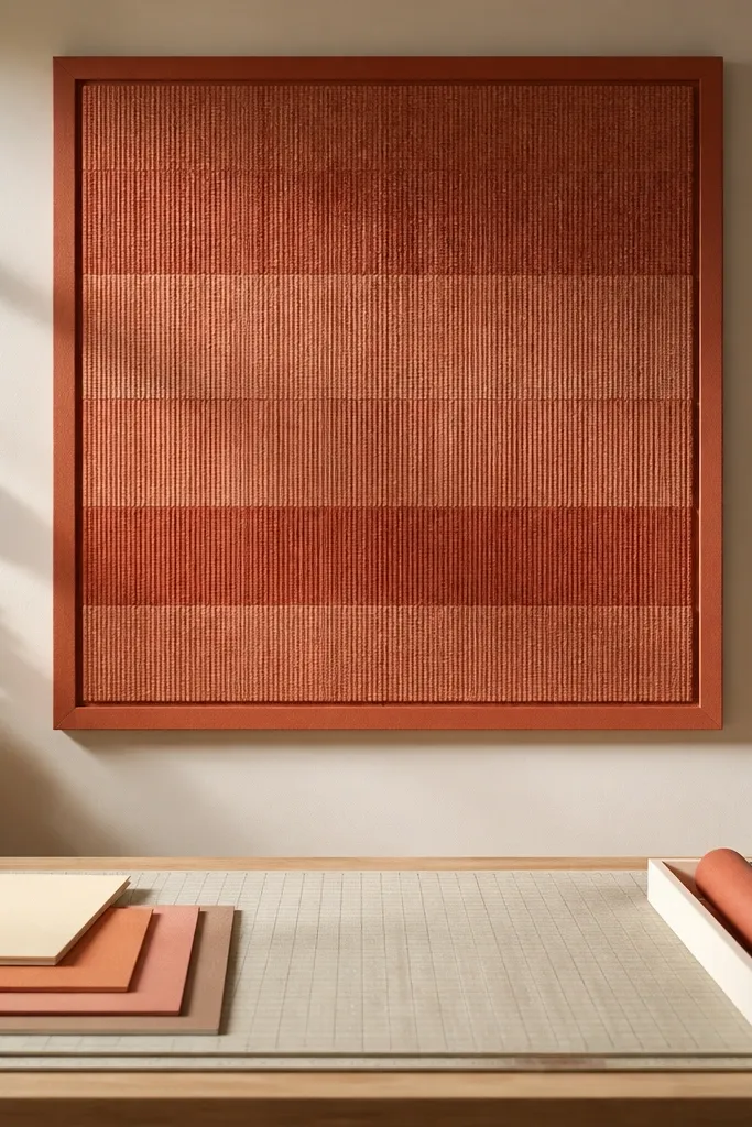 Framed fabric wall art with terracotta tones above a cutting table.