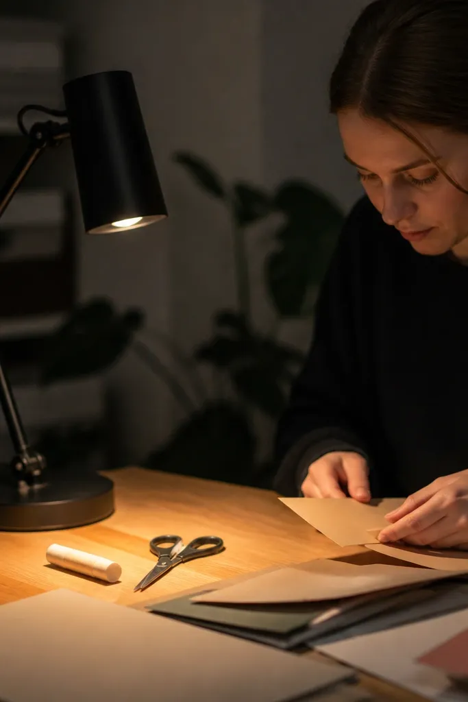 Matte black task light shining on a craft desk with warm light.