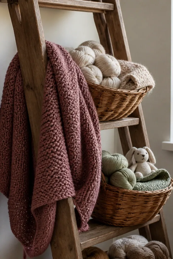 A small ladder holding a chunky knit throw and yarn skeins.