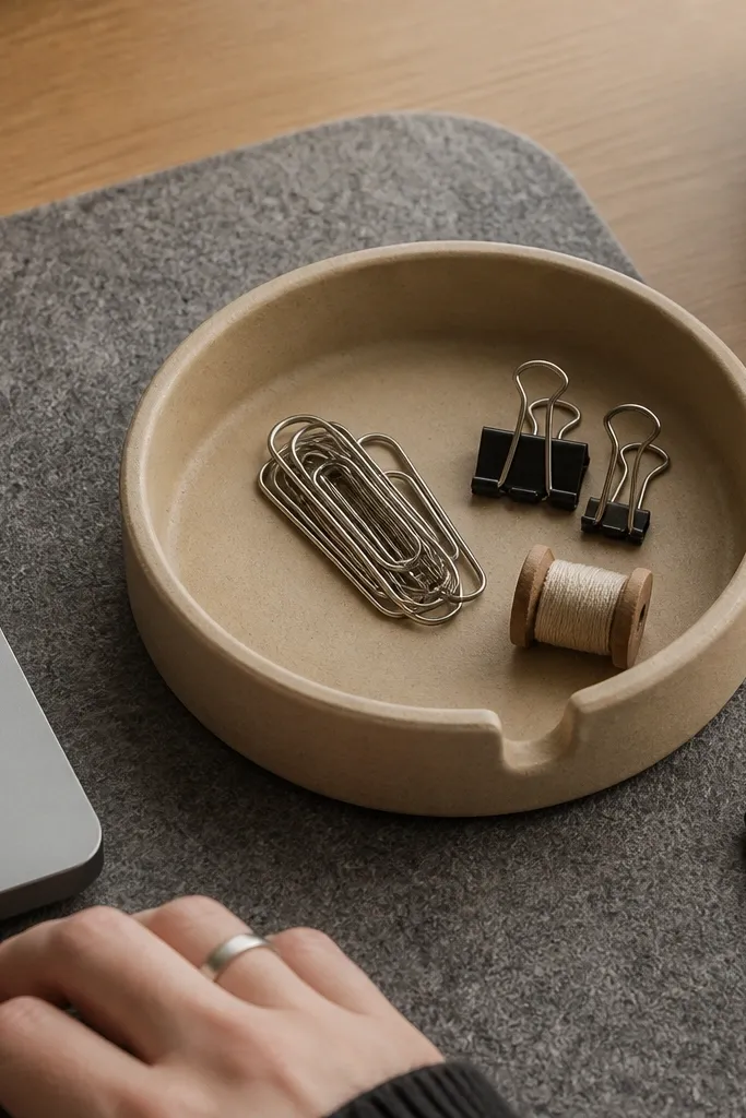 A matte ceramic tray on a desk holding scissors, pens, and rings.