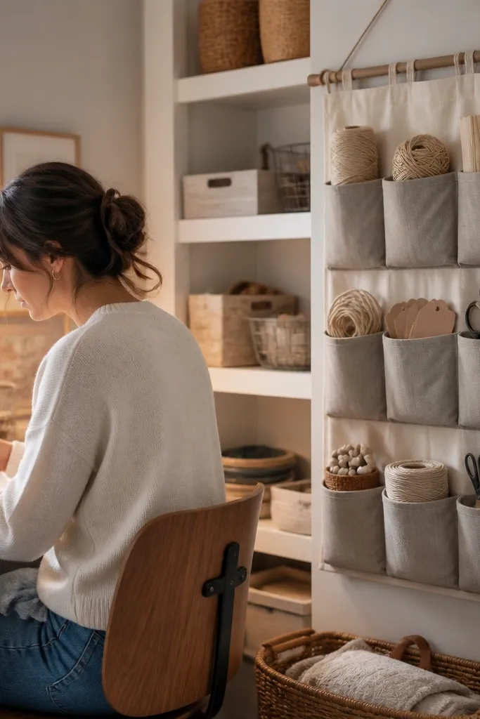 A hanging fabric organizer with neutral pockets beside a craft desk.