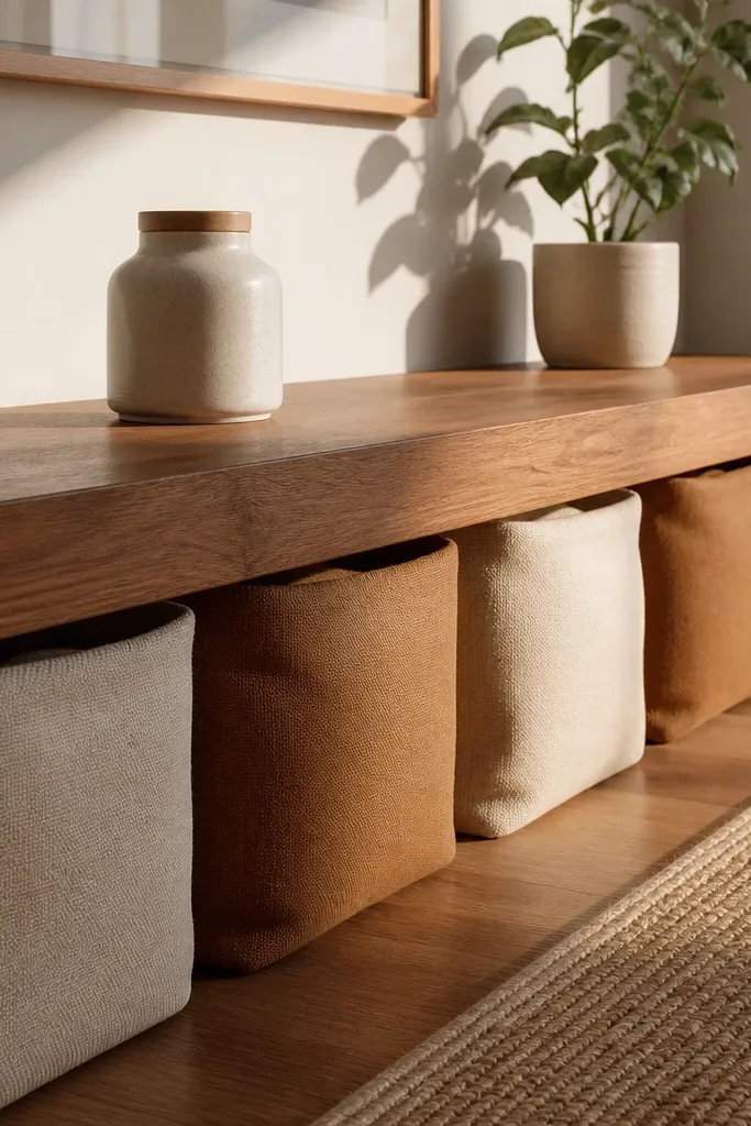 A warm wood shelf above bins holding craft supplies neatly.