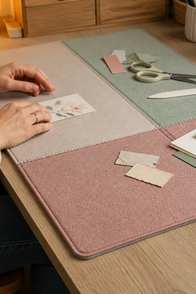 A felt craft mat on a desktop with neat color sections.