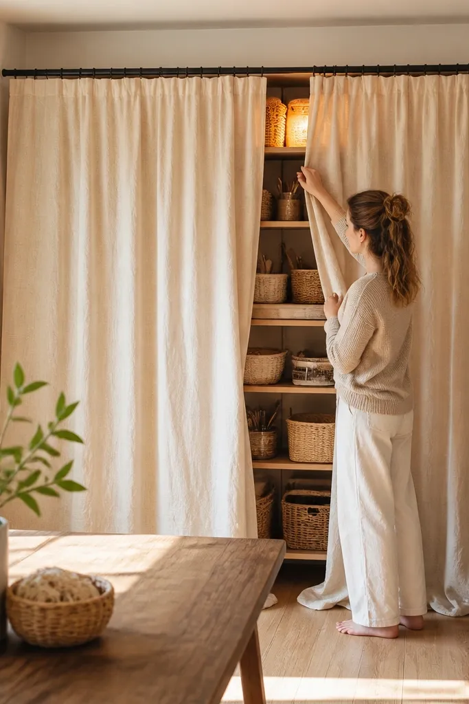 Linen curtain panels softening a craft supply nook with shelves behind.