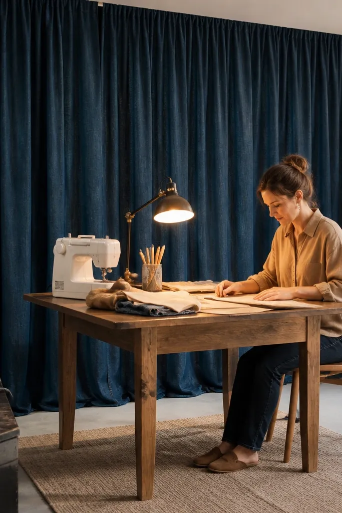 Dark denim curtain panels framing a craft corner with warm lighting.
