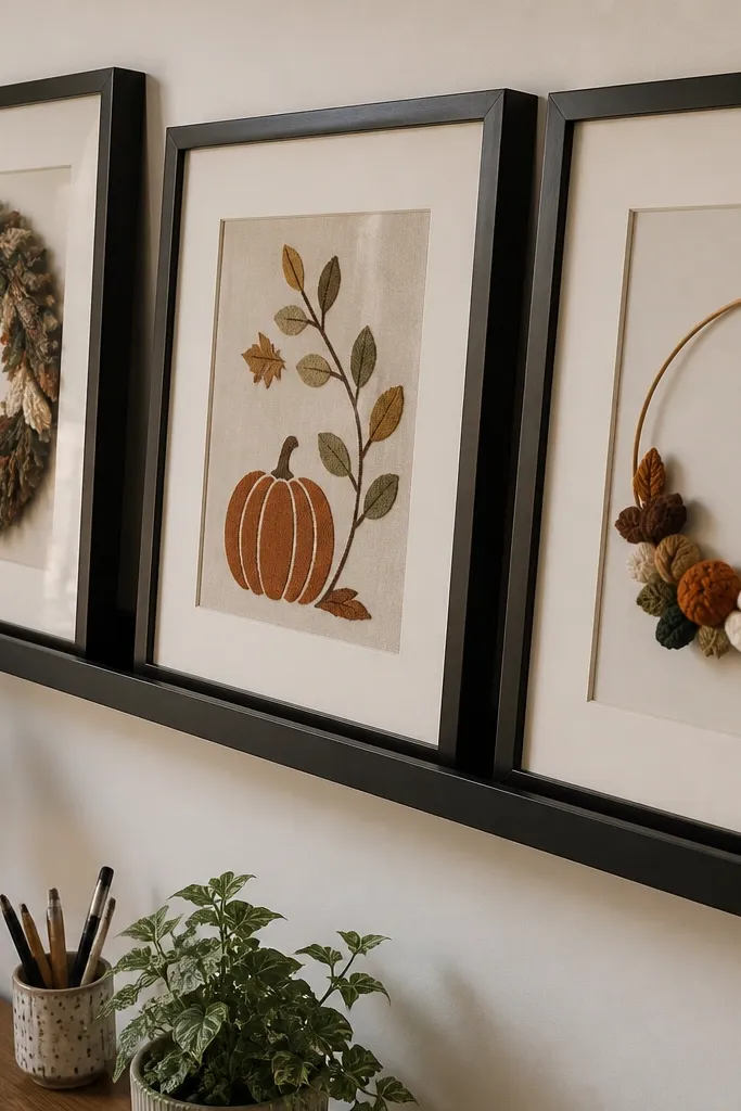 A narrow gallery ledge holding three framed pieces above a craft desk.