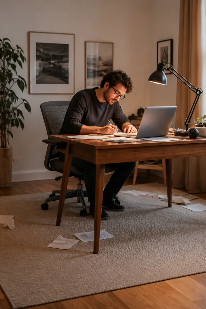 An oatmeal rug under a craft desk with chair centered on it.