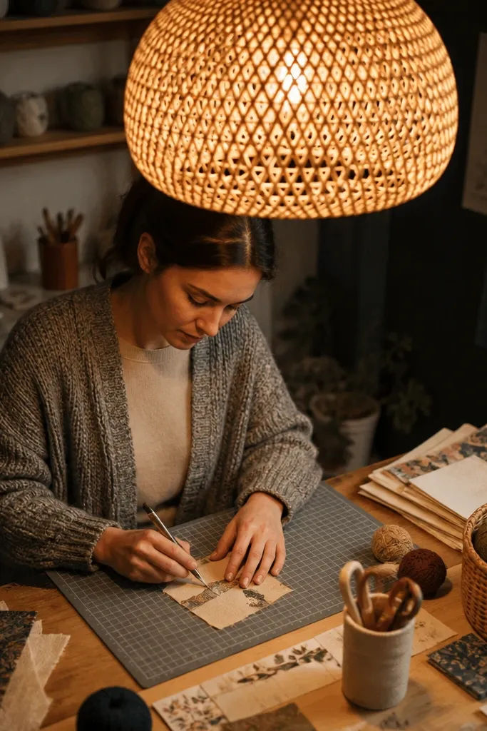 A woven pendant light casting warm light over a craft table.