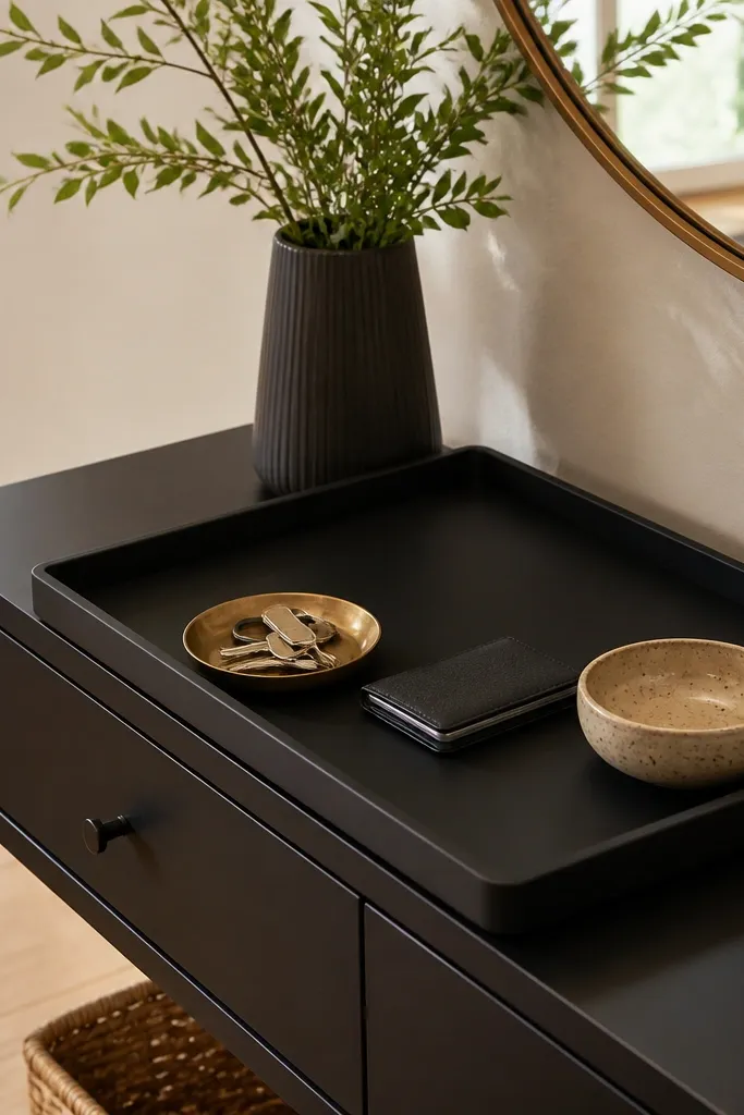 Matte-black tray on a light wood console with a framed print and a small ceramic vase