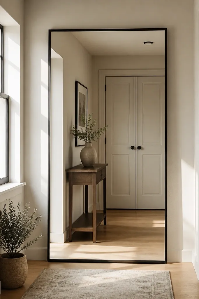 Full-height mirror with a thin black frame next to a small plant and a minimalist wall sconce