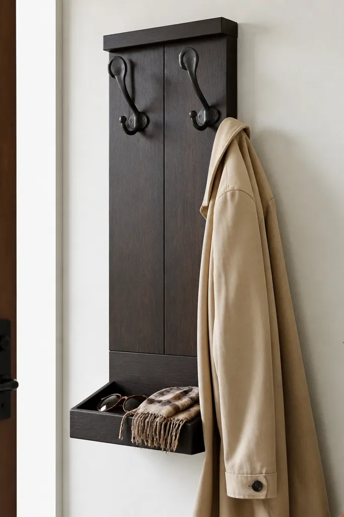 Wood peg rail on the wall with two hooks per person and a small tray below