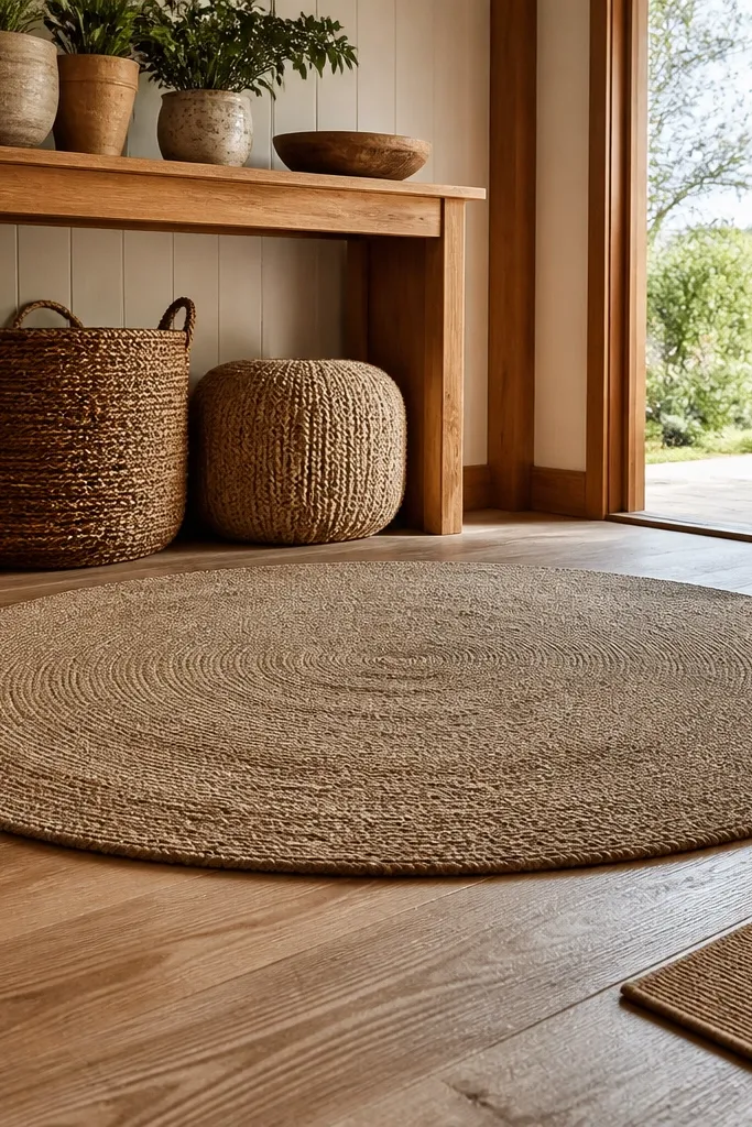 Round flatweave rug in neutral tones under a small console with a tray and vase