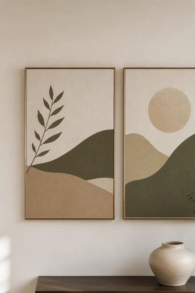 Two matching framed prints above a console with a small tray and a single ceramic vase