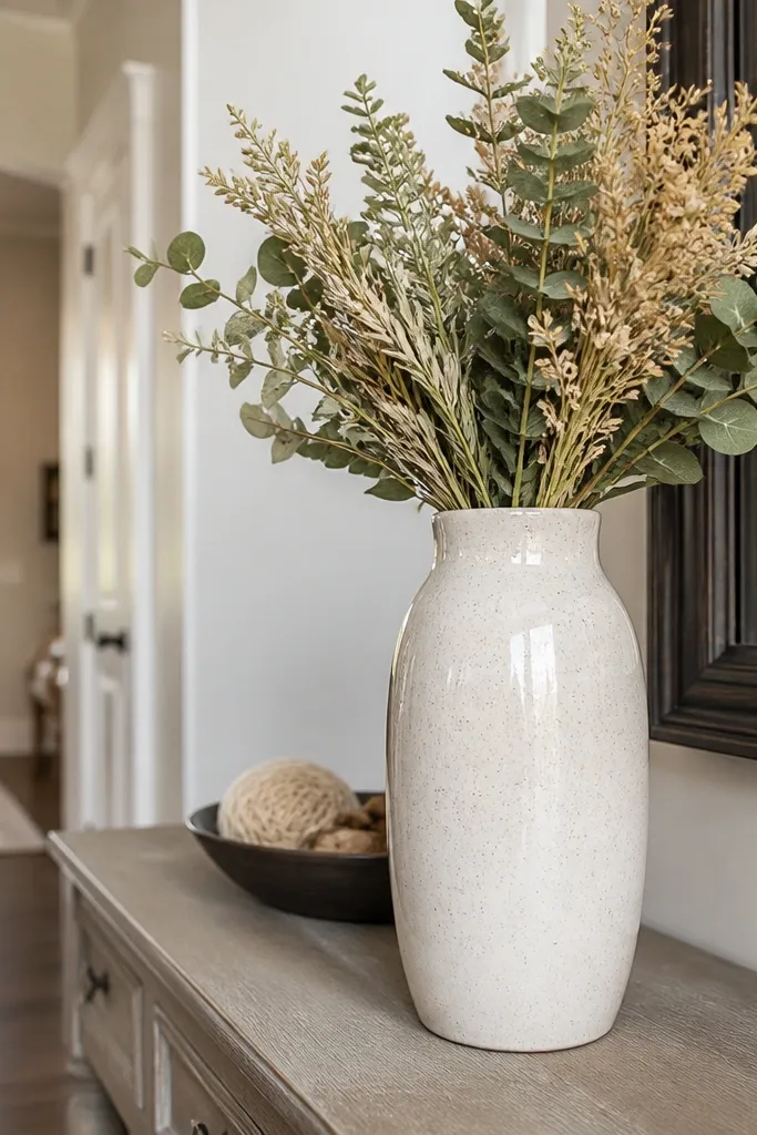 Tall glazed ceramic vase with faux stems on a console beside a small framed