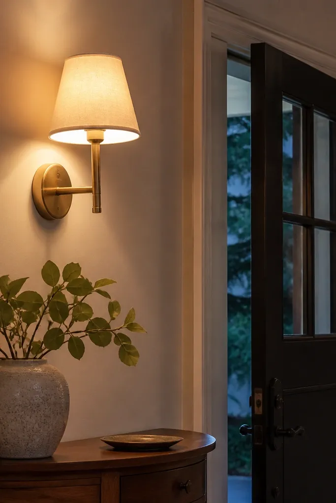 Brass wall sconce with a light linen shade beside a framed print
