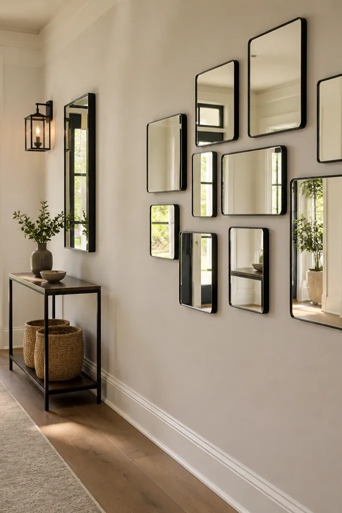 Cluster of small mirrors on the wall with a narrow console holding a single vase
