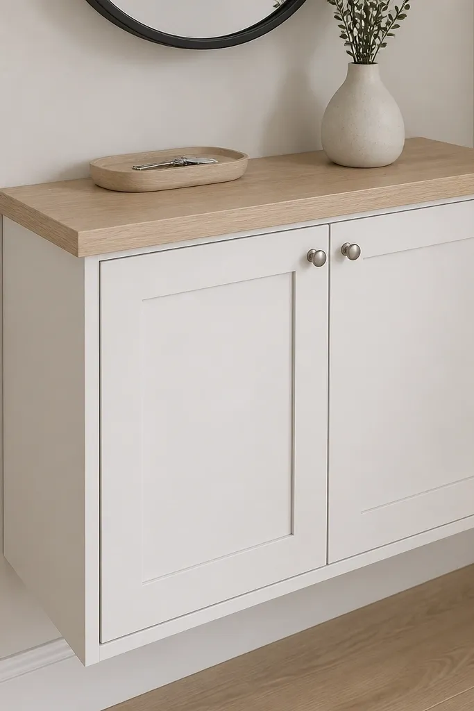 Wall shelf above a small cabinet with a mail slot look and a single candle on top