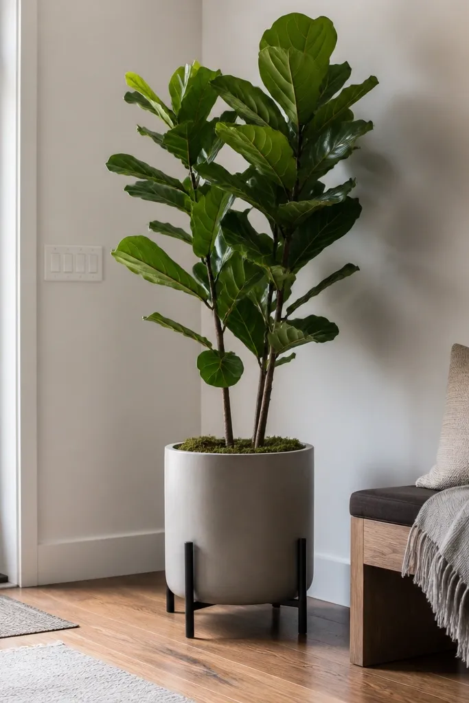 Large floor plant in a matte pot on the floor beside a bench with minimal decor