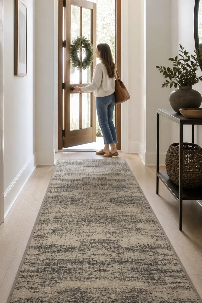 Monochrome runner rug with a subtle pattern down the hallway leading to a console