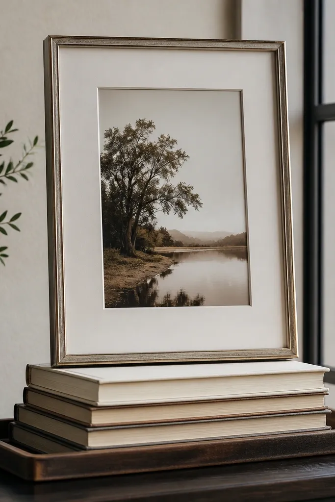 Console with a small stack of books, one oversized frame, and a simple ceramic object