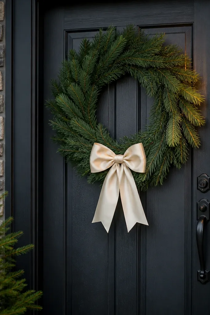 Evergreen wreath on a dark front door with a cream bow and small white accents