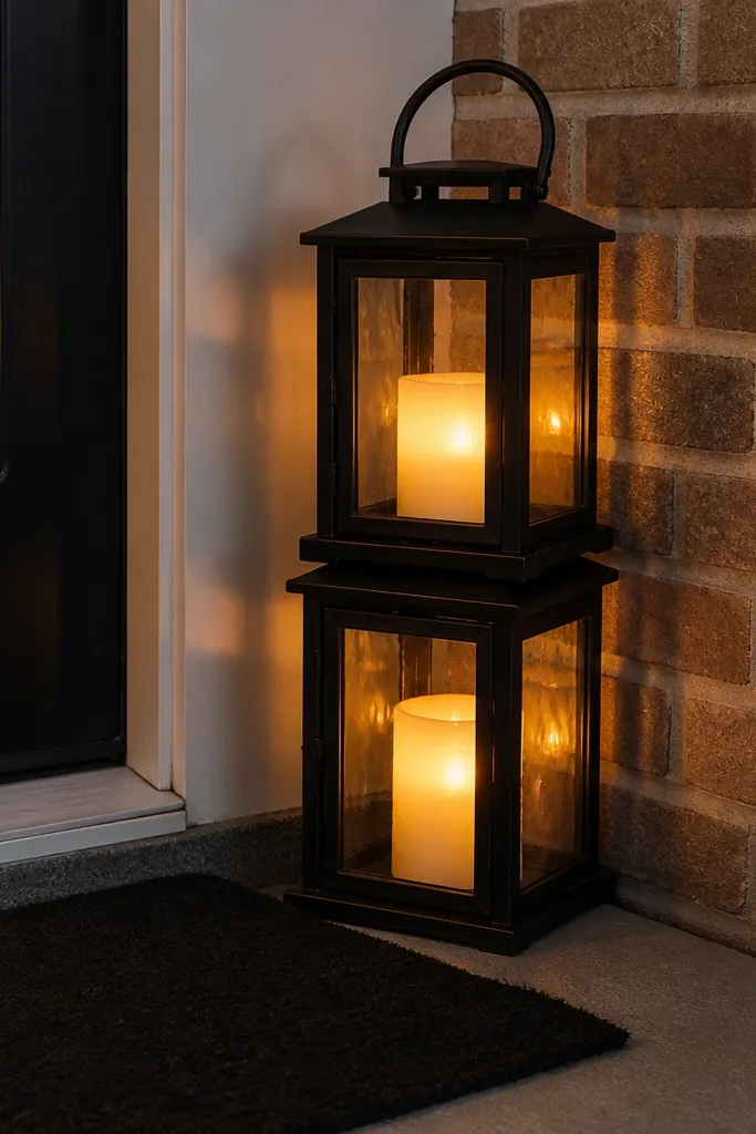 Two black lanterns on a porch mat with warm LED candles inside