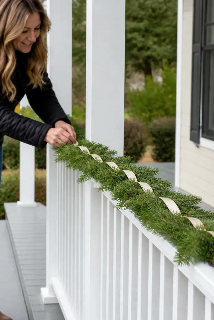 Small evergreen garland draped over porch railing with a simple cream ribbon