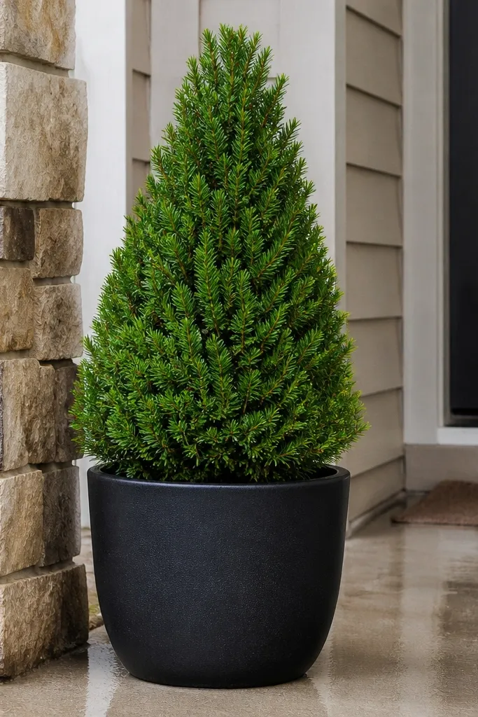 Mini faux evergreen topiary in a dark planter next to the front door