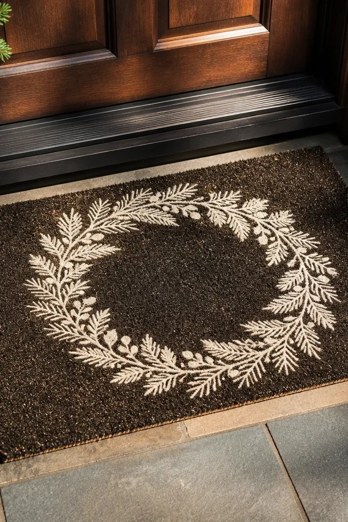 Dark doormat with an evergreen wreath pattern and cream text
