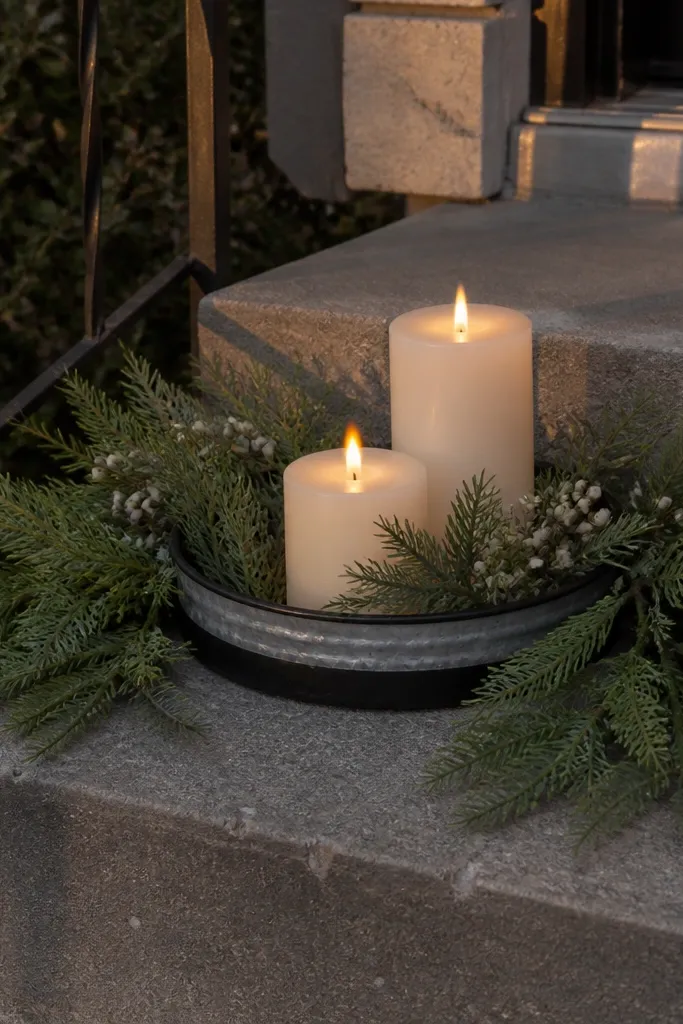 Evergreen tray on porch table with two LED candles and pinecones