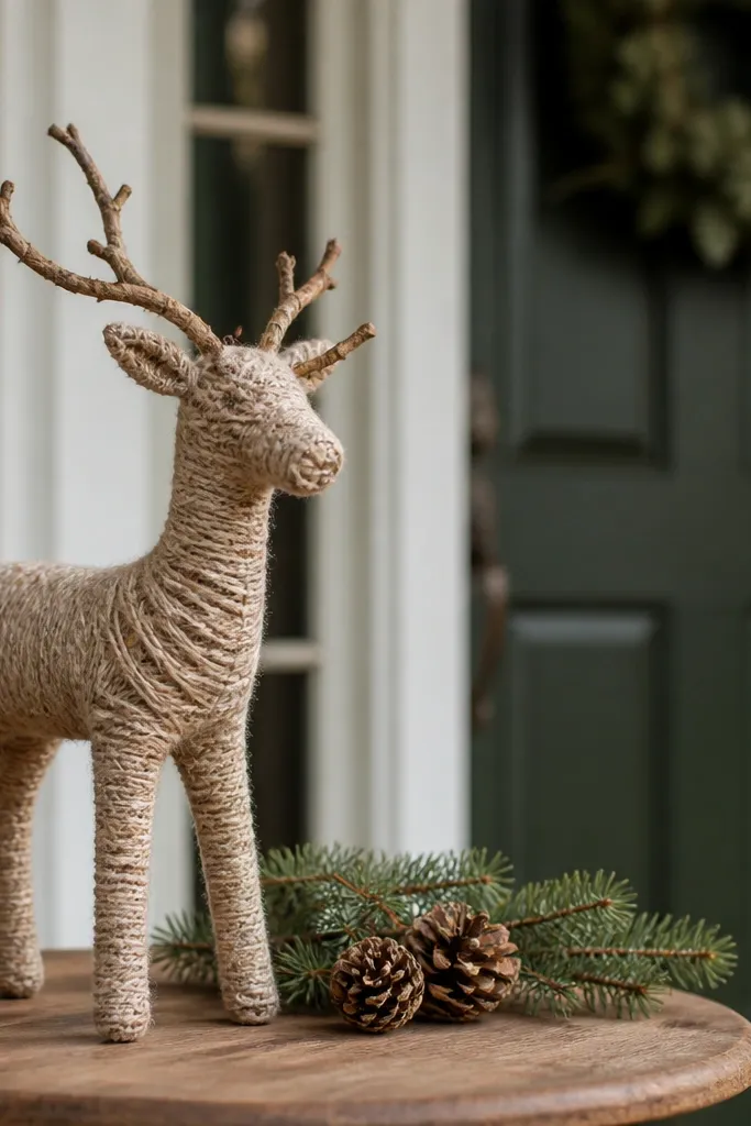 Small twig reindeer wrapped in neutral yarn on a porch table with greenery