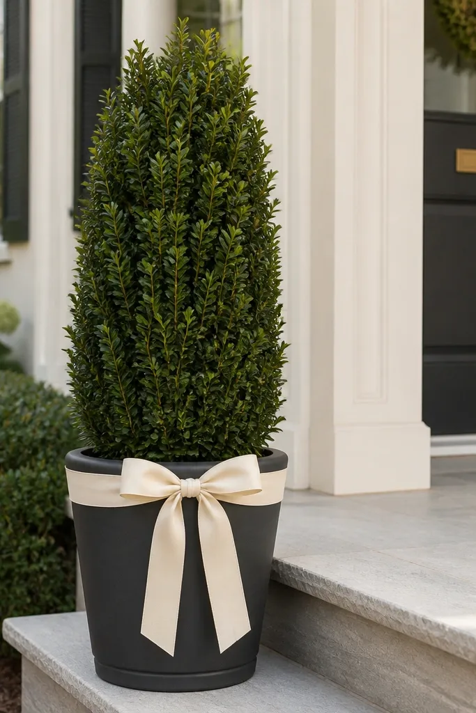Slim boxwood bush planter with cream ribbon tied near the front step
