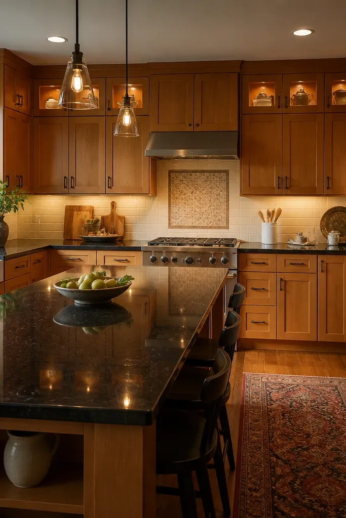 Warm wood shaker cabinets with dark stone island and pendant lights