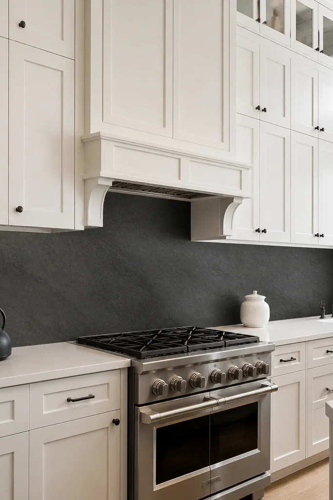 All-white cabinets with a charcoal backsplash and simple countertop