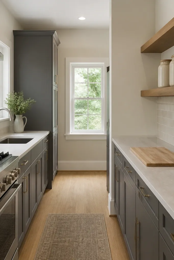 Tight galley kitchen with closed cabinets and matching shelves
