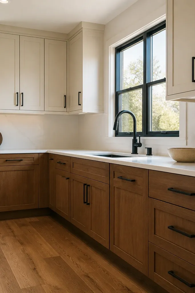 Two-tone cabinets with black handles and warm wood flooring