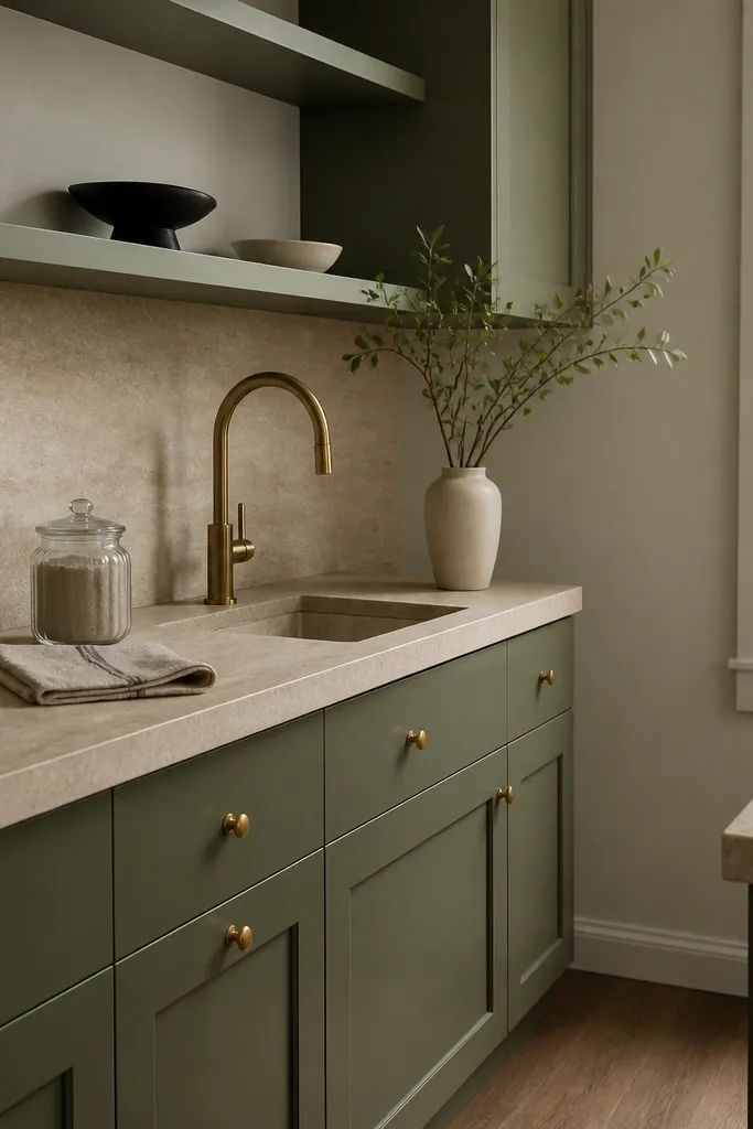 Matte green cabinets with beige stone counters and warm lighting