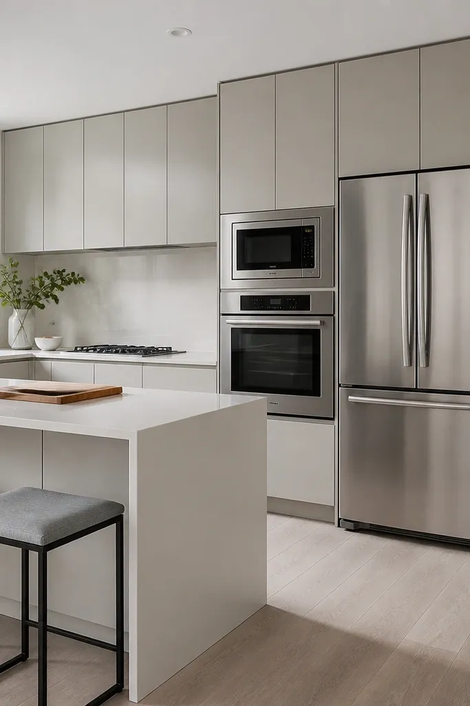 Sleek slab cabinets with a stainless-style fridge and clean counters