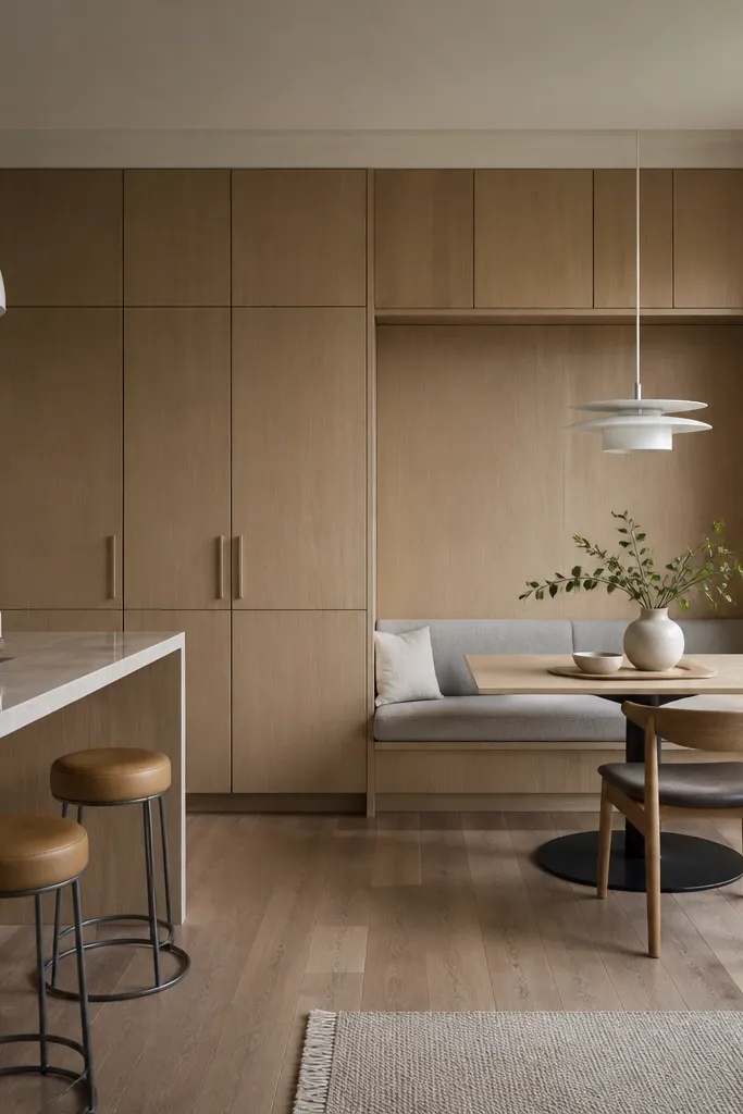 Pantry wall with cabinets and a built-in dining nook beside it