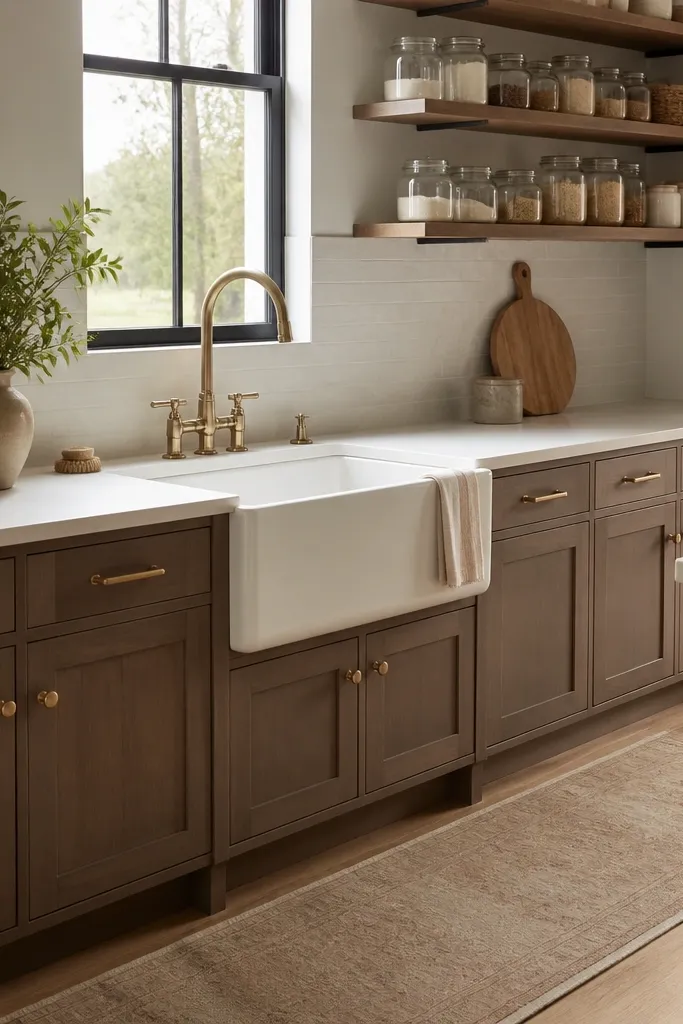 Farmhouse sink on a backsplash wall with wood open shelves and runner rug
