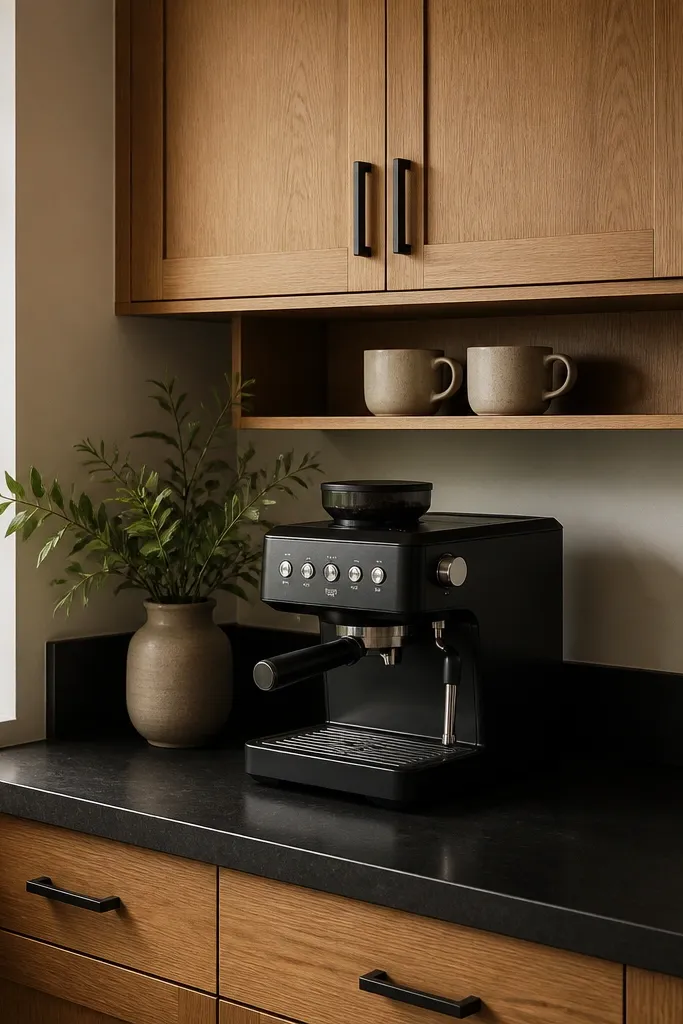 Corner coffee station with black accents, wood cabinets, and small decor