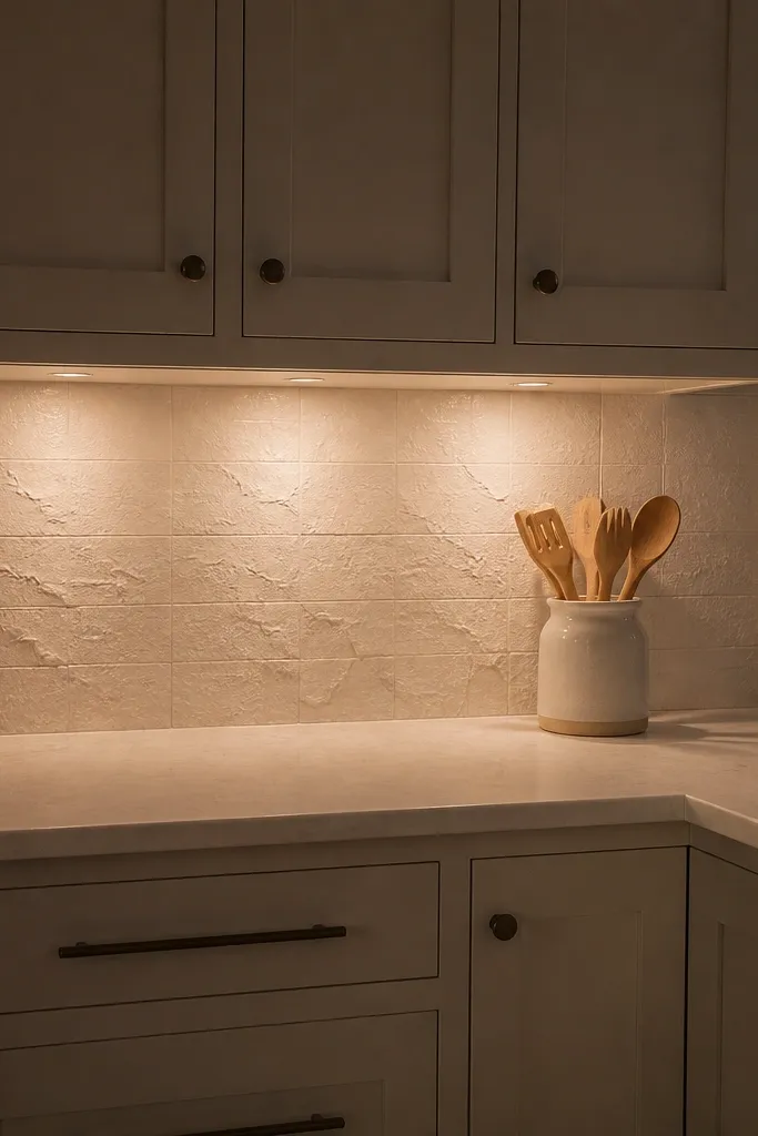 Cream cabinets with textured tile backsplash and warm under-cabinet lighting