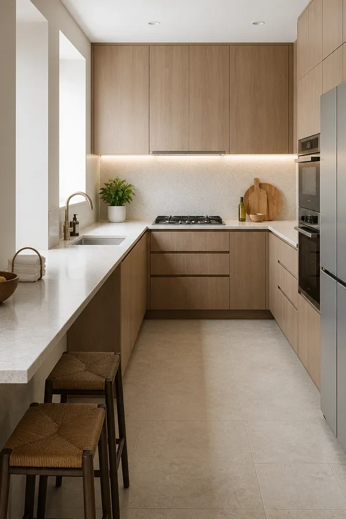 Compact U-shaped kitchen with a narrow dining bar and pendant light