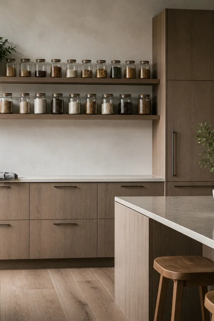 Open shelves above one counter run with matching jars and a clean backsplash