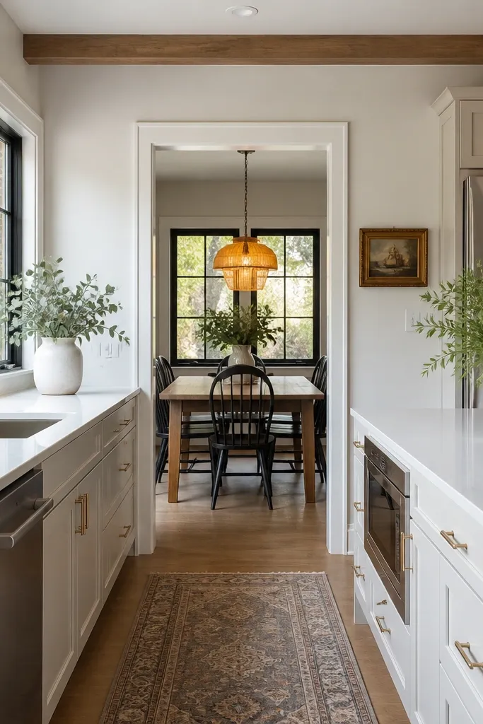 Black-framed windows with light counters and a bright dining pendant