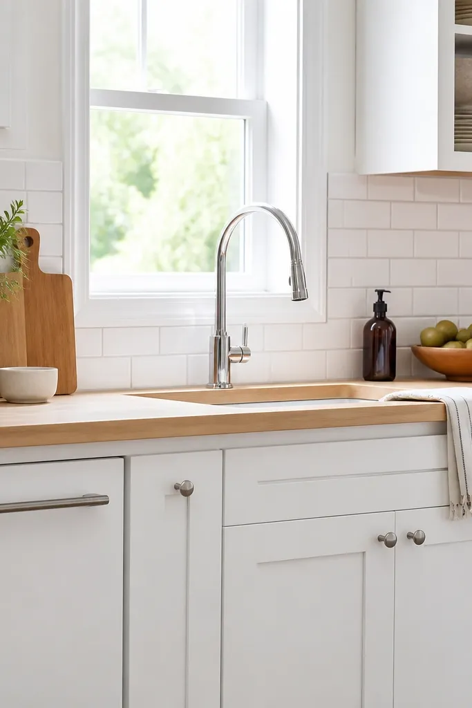 A bright kitchen with white shaker cabinets, a light maple butcher block countertop, and a glossy white subway tile backsplash with light gray grout. The counter edge is a simple eased profile. A chrome gooseneck faucet sits centered under a small window.