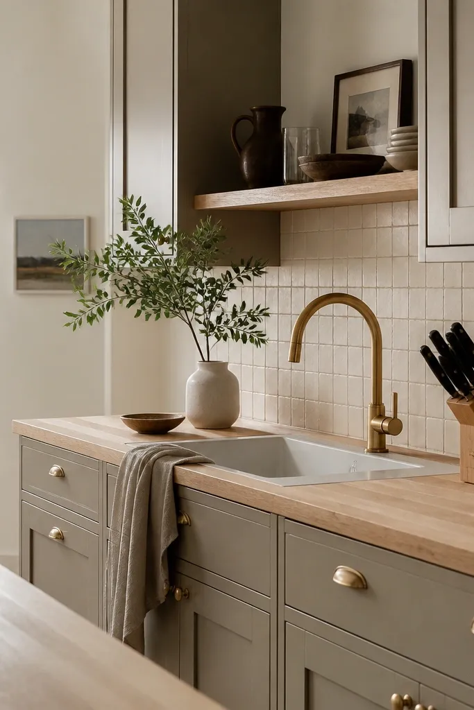 A cozy airy kitchen showing birch butcher block countertops, warm greige cabinets, and a backsplash of small square cream tiles with a faint texture. A brass faucet and cabinet pulls match. The countertop has a knife block near the sink.
