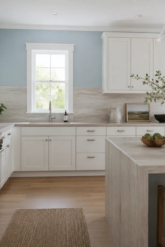 A kitchen with pale powder-blue walls, ash butcher block countertops, and a backsplash made of light stone-look porcelain slabs. The cabinets are off-white, and the countertop has a waterfall edge on the peninsula.
